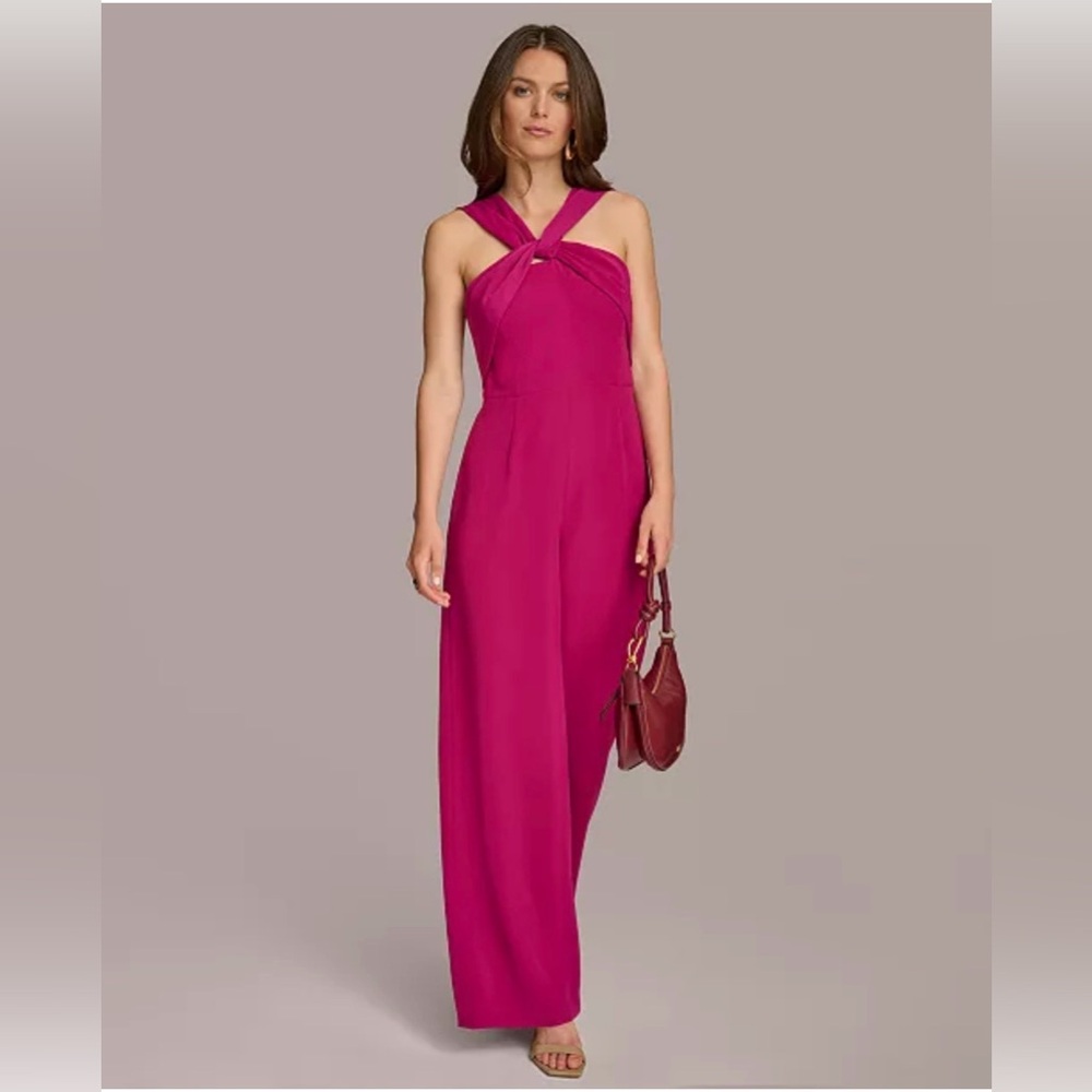 Donna Karan New York Women's Pink Twist-Neck Wide Leg Jumpsuit Size-14 $189